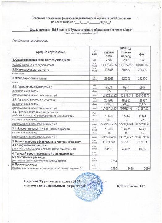 №53 мектеп - гимназиясының қаржылық көрінісі