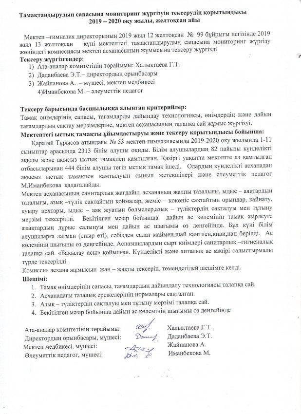 Питаниедың сапасына мониторинг жүргізуін тексерудің қорытындысы