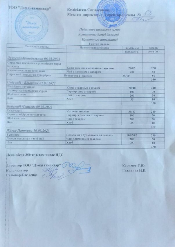 Апталық ас мәзірі 6.03. - 10.03.2023ж