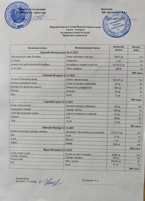 20.11 - 24.11.2023ж апталық мәзір
