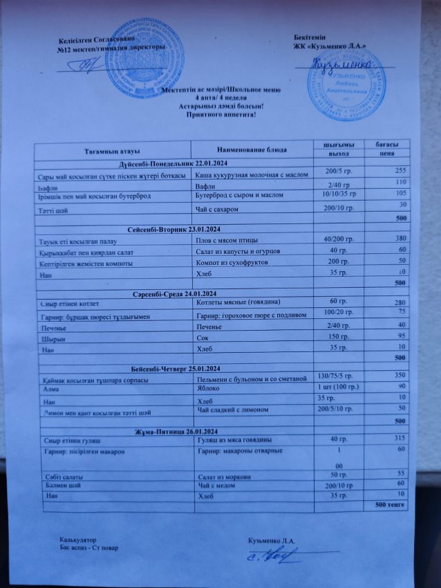 Апталық мәзір 22.01. - 26.01.2024ж