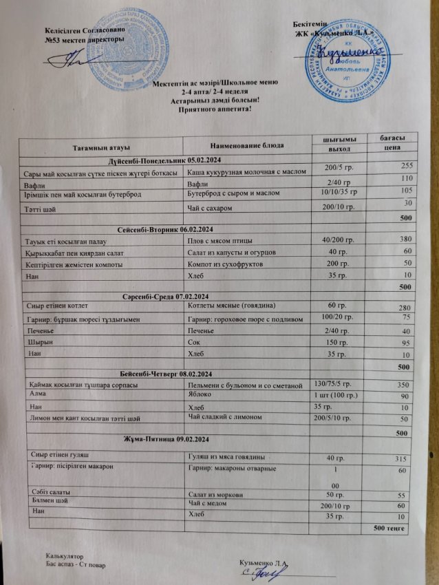 5.02.2024-9.02.2024ж ас мәзірі