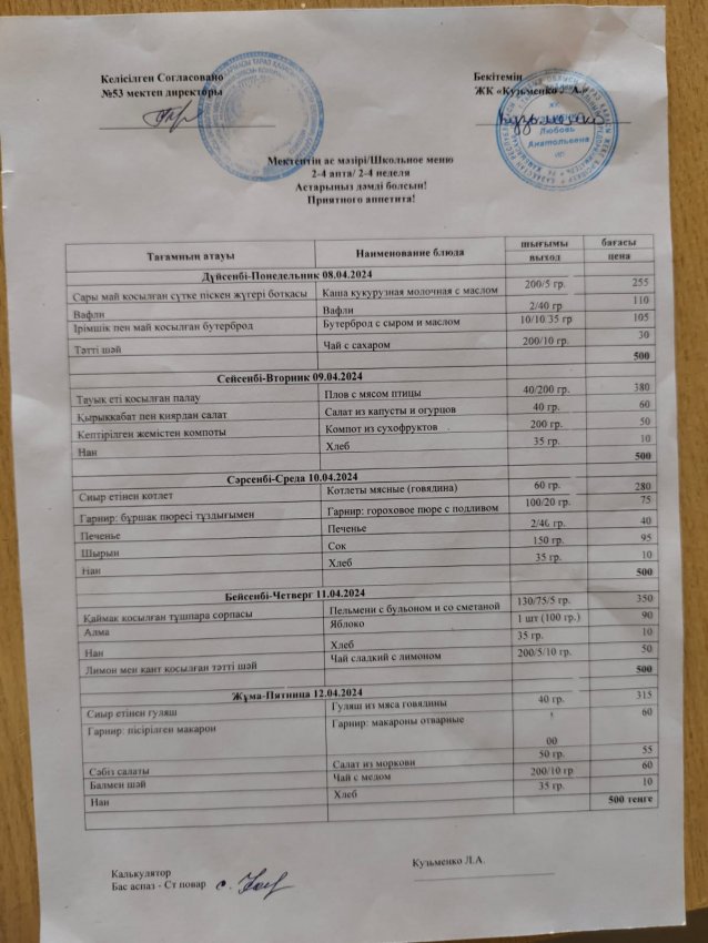 8.04.2024ж- 12.04.2024жыл ас мәзірі