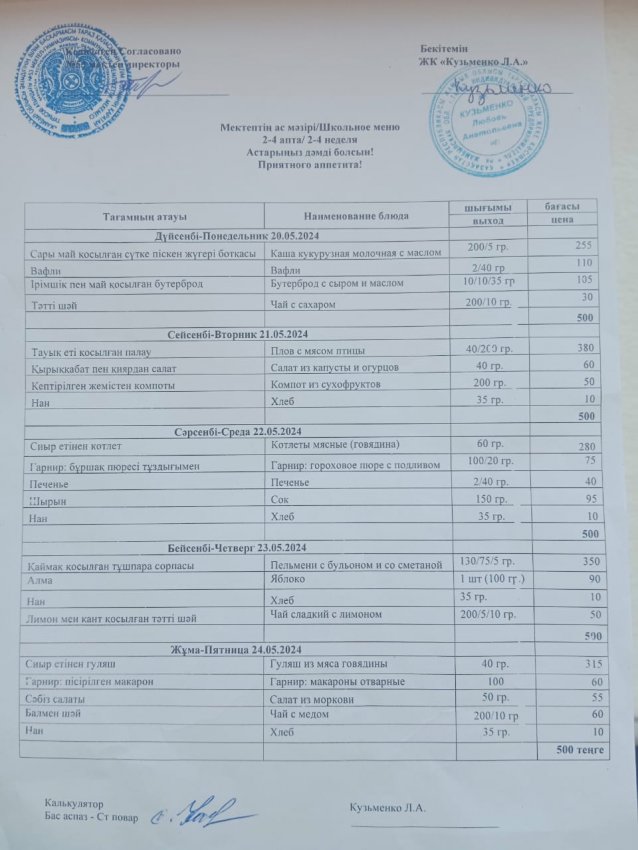20.05.2024ж - 24.05.2024 ж апталық мәзірі