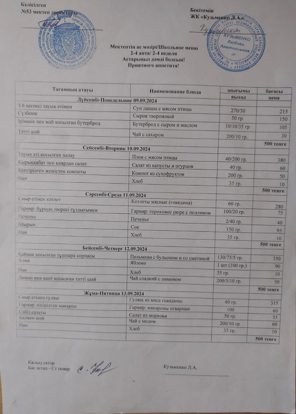 9.09.2024ж - 13.09.2024ж  апталық ас мәзірі