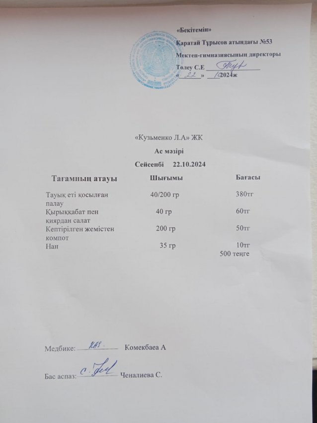 22.10.2024ж ас мәзірі