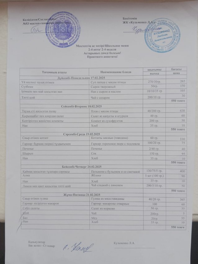 17.02.2025ж - 21.02.2025ж апталық ас мәзірі