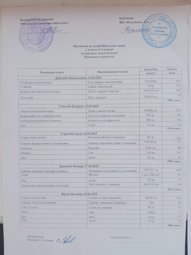 14.04.2025ж - 18.04.2025ж апталық ас мәзірі