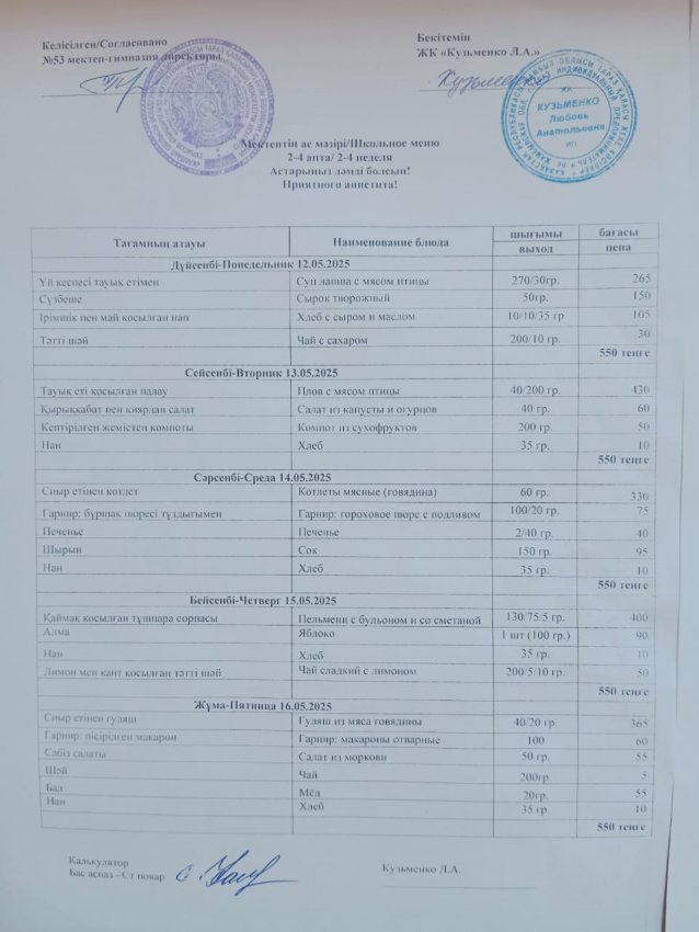 12.045.2025ж - 16.05.2025ж апталық ас мәзірі