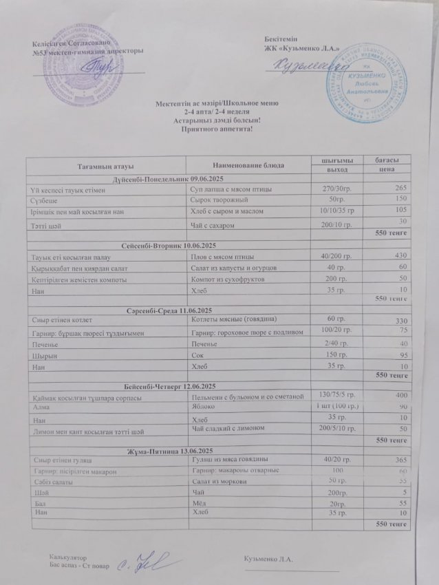 9.06.2025ж - 13.06.2025ж апталық ас мәзірі