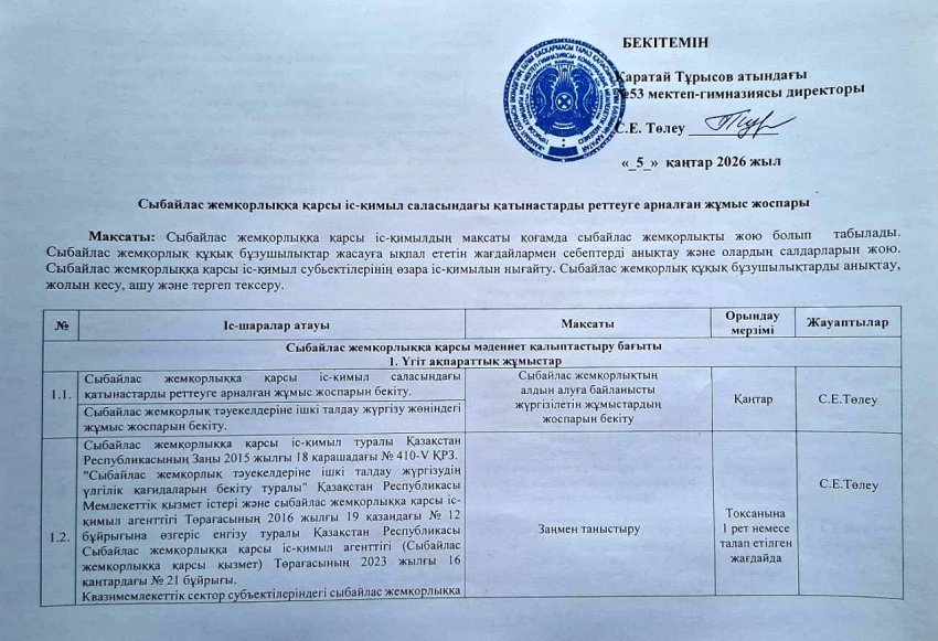 Сыбайлас жемқорлыққа қарсы іс - қимыл саласындағы қатынастарды реттеуге арналған жұмыс жоспары