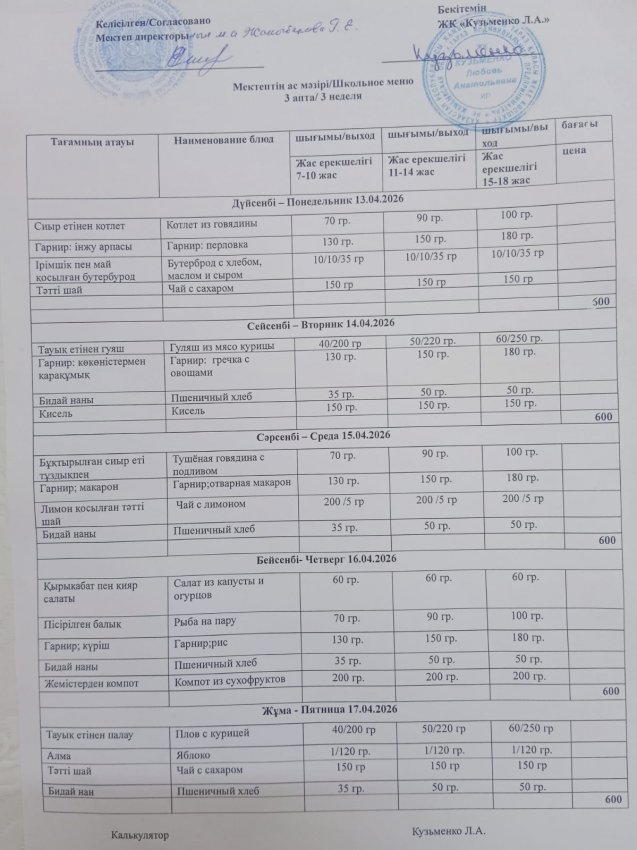 13.04.2026ж - 17.04.2026ж апталық ас мәзірі